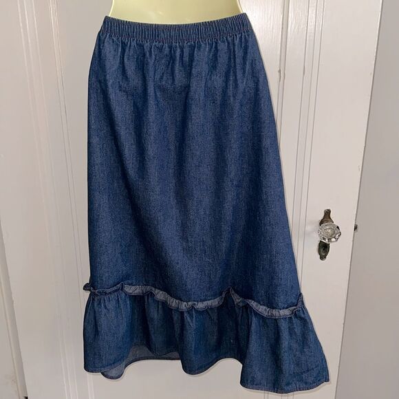 Vintage 70s Contemporary Corner Blue Denim Midi Skirt with Ruffle Hem - Picture 5 of 8